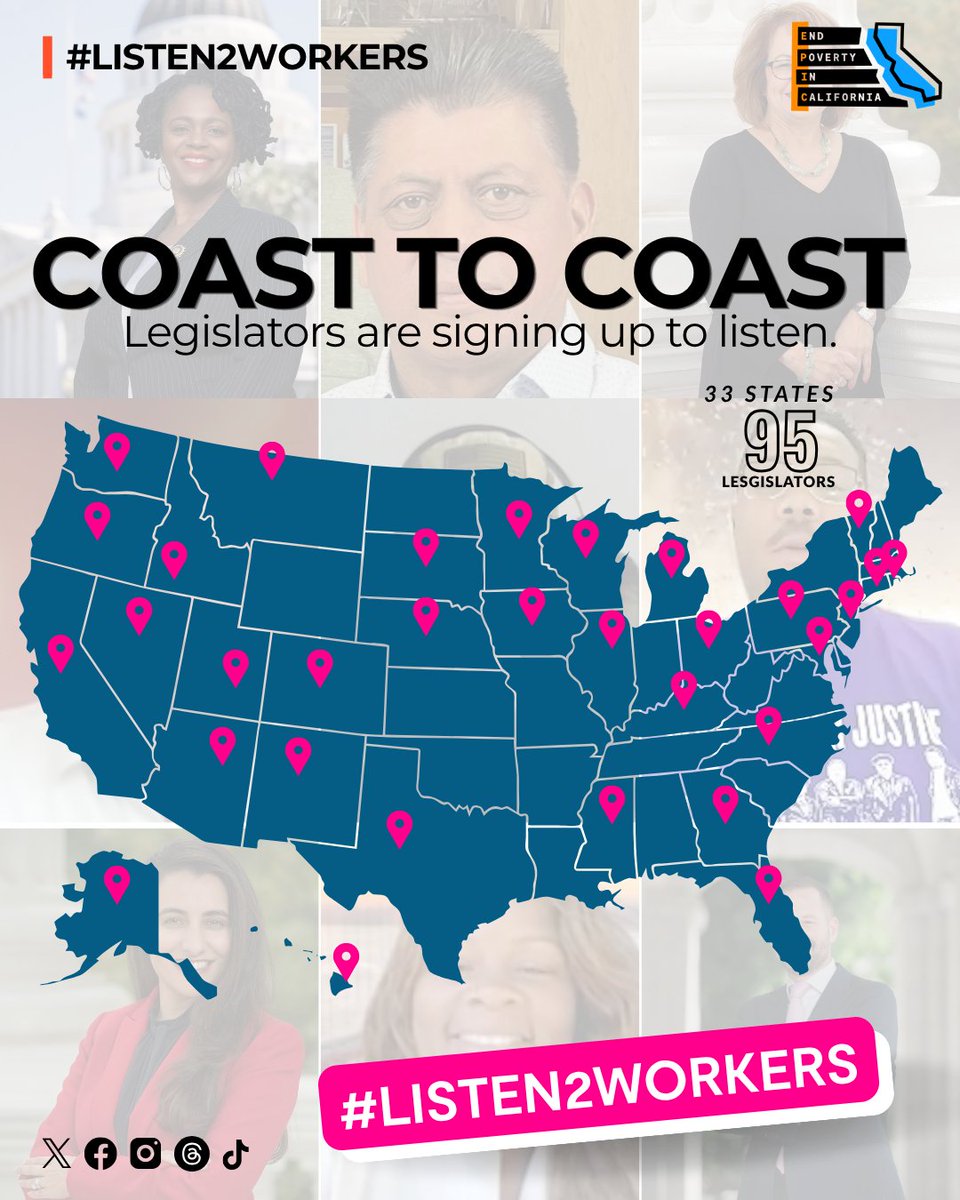 EndPovertyCA's tweet photo. 95 legislators. 33 states. One ask: sit down and listen to a worker.

#Listen2Workers is spreading coast to coast — and workers are getting the conversations they've been waiting for.
#L2W https://t.co/zOXEoRwwCA