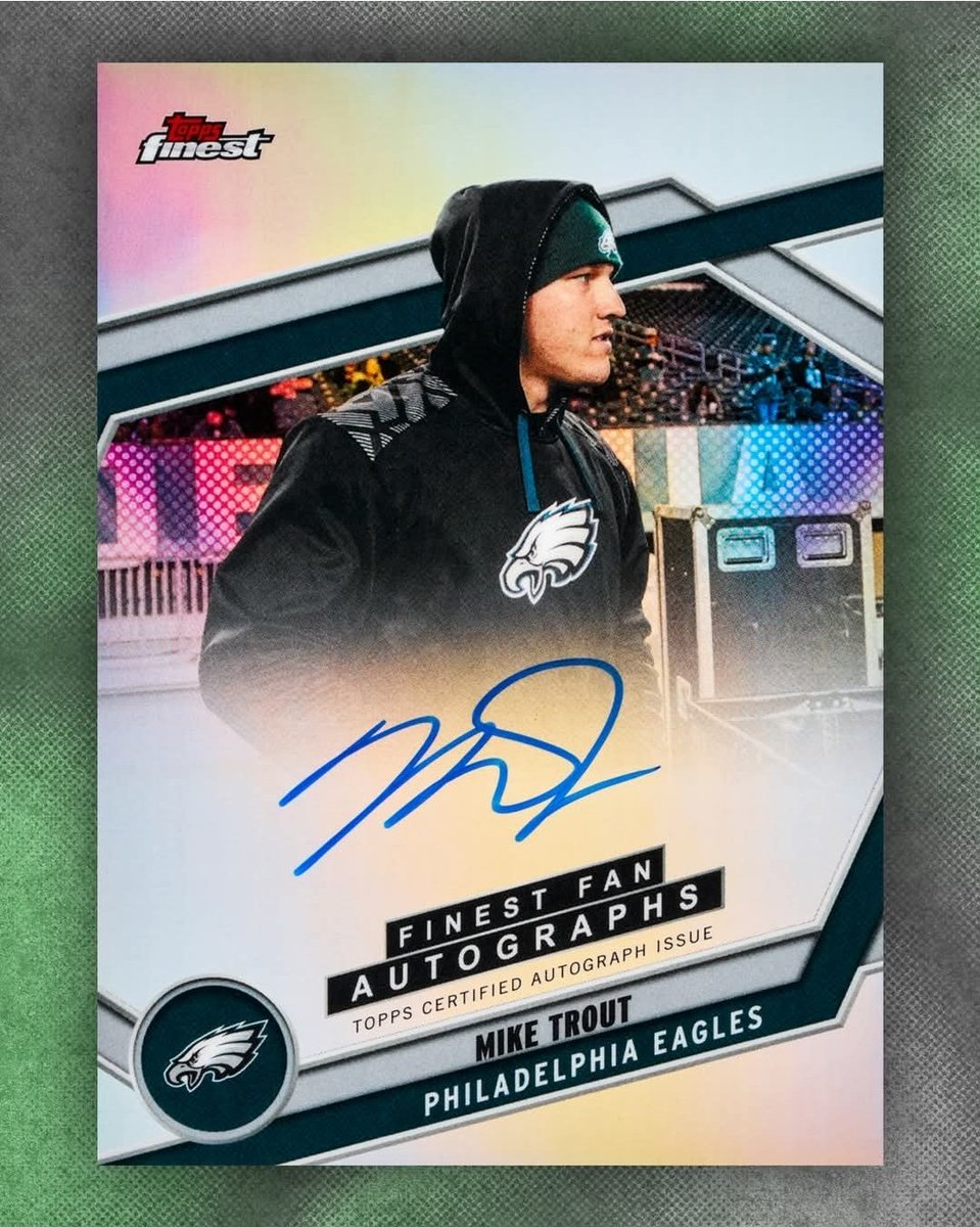 MikesStadiumSC's tweet photo. We all knew that @miketrout loves the @philadelphiaeagles.

Now we REALLY know it thanks to @topps 

Look for #miketrout autographed cards in 2025 #topps Finest #nfl https://t.co/edAeLPNWk9