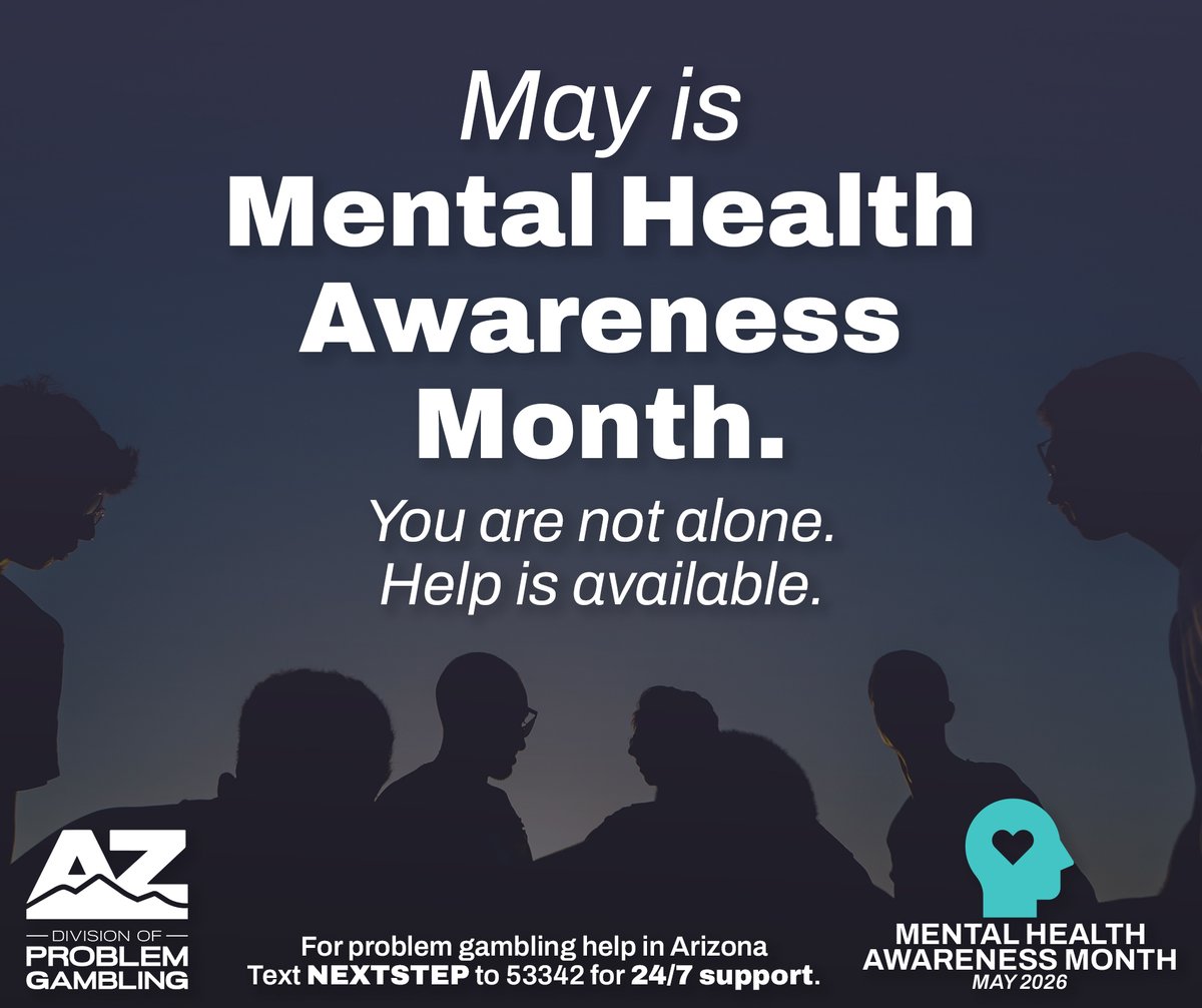 ArizonaDPG's tweet photo. 🫂 May is #MentalHealthAwarenessMonth - a time to speak up against stigmas and raise awareness. 

🫵 You are not alone.

💭 Gambling disorder is a mental health disorder and treatment is available.

➡️ Take the #NextStep and visit https://t.co/k3RQhnrS3g for 24/7 resources. https://t.co/xw4C5hP3tq