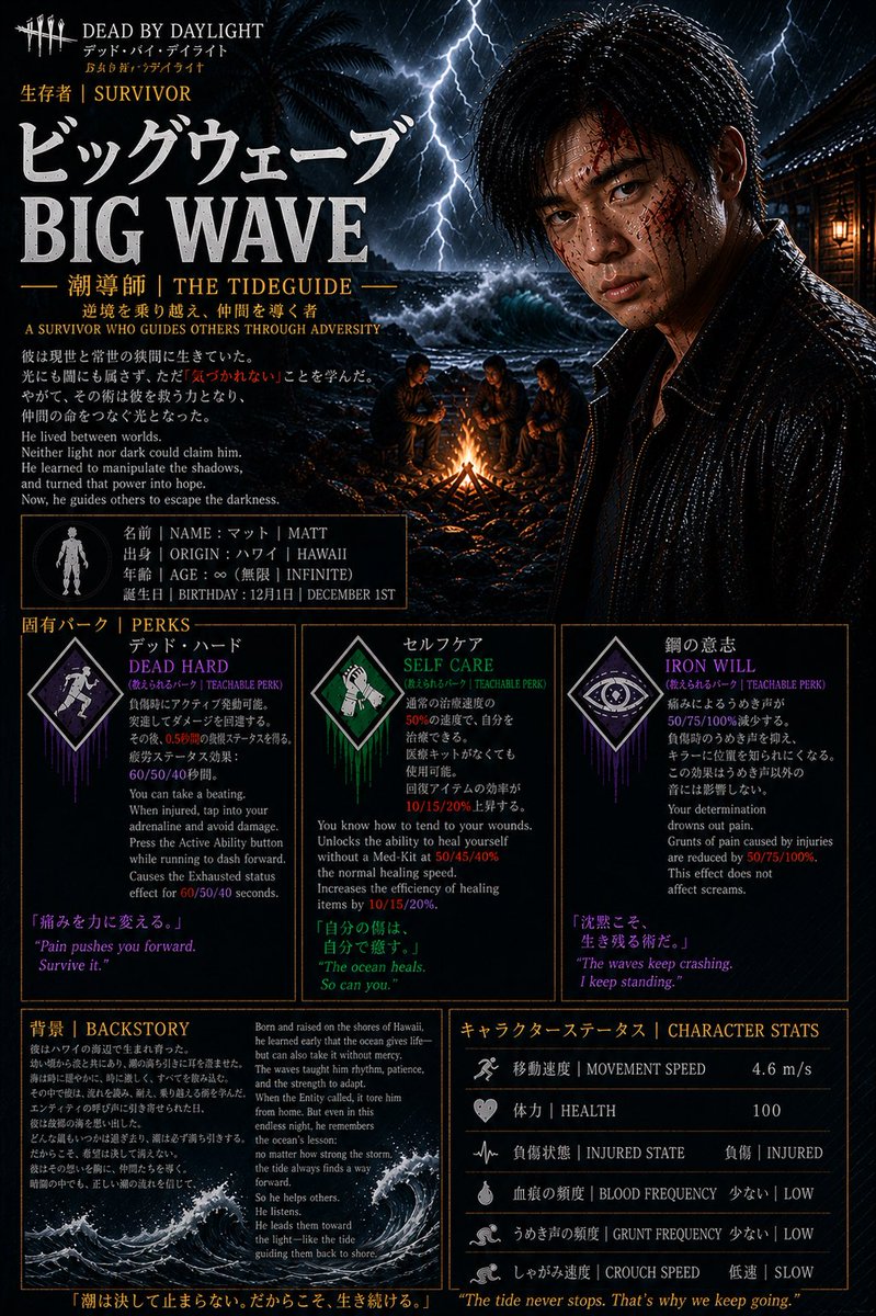 BigWaveMatt's tweet photo. なんか、他の人たちがDBDのカードを作っているのを見かけたので、自分も試してみた。
ChatGPTはまじですげな😎👍
でもね、AIが私をもっと日本人っぽく見せたんだけど、私は元々日本人っぽいのに…どうしてそんなことが可能なの？w🤣

キラーカード1枚
サバイバーカード1枚
最高！🙌 https://t.co/hjcykFzt8E
