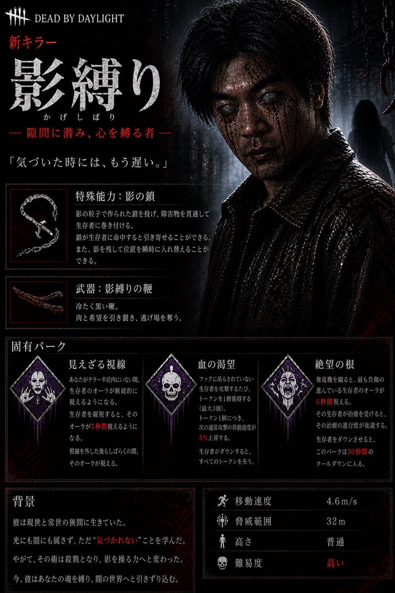 BigWaveMatt's tweet photo. なんか、他の人たちがDBDのカードを作っているのを見かけたので、自分も試してみた。
ChatGPTはまじですげな😎👍
でもね、AIが私をもっと日本人っぽく見せたんだけど、私は元々日本人っぽいのに…どうしてそんなことが可能なの？w🤣

キラーカード1枚
サバイバーカード1枚
最高！🙌 https://t.co/hjcykFzt8E