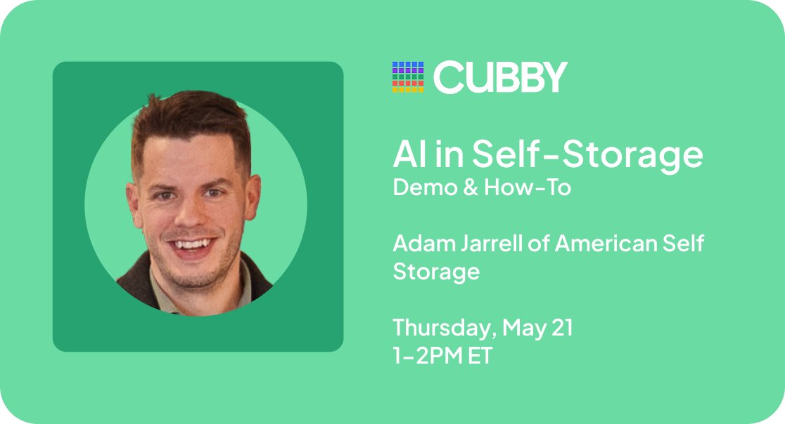 CubbyStorage's tweet photo. Operators talk about AI. Adam Jarrell of American Self Storage actually uses it.

May 21, 1-2pm ET — he's joining Cubby live to demo his real AI workflows and help you replicate them.

Less theory. More do.

Register: https://t.co/Q7CK2CJXAI https://t.co/pc6N9yFe15