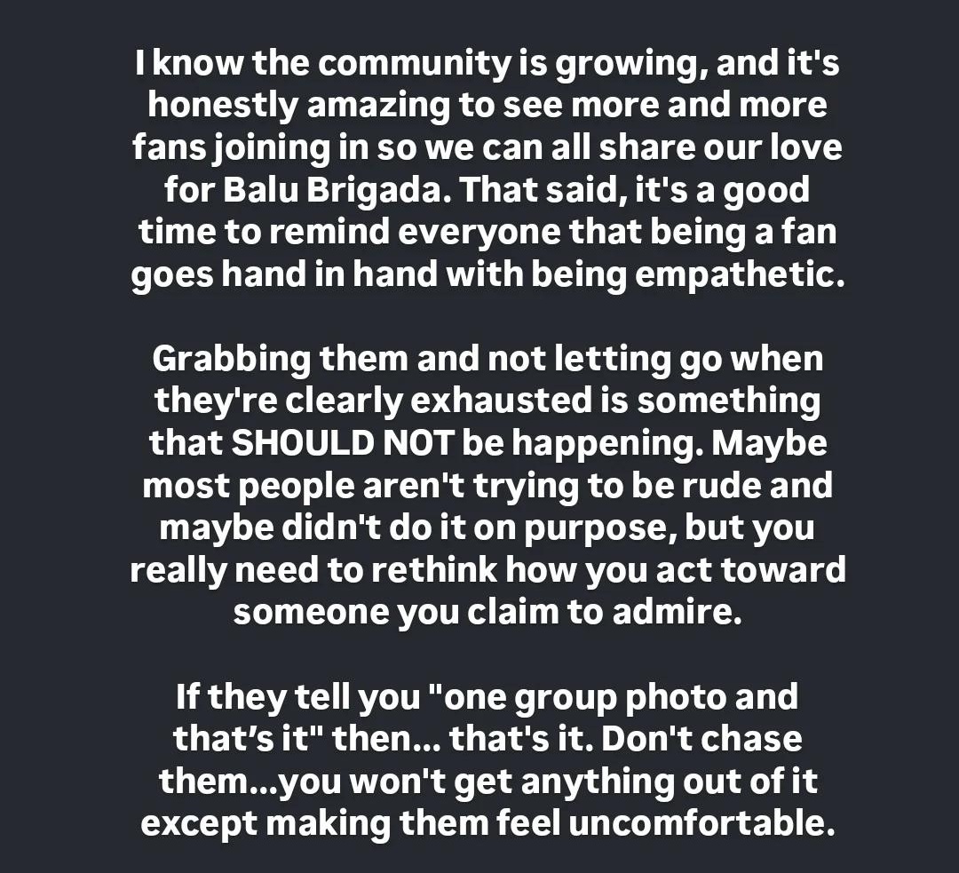 balulatam's tweet photo. Be kind and respectful to the other fans, to Balu Brigada and to all the staff. https://t.co/Qf8FBENlNR