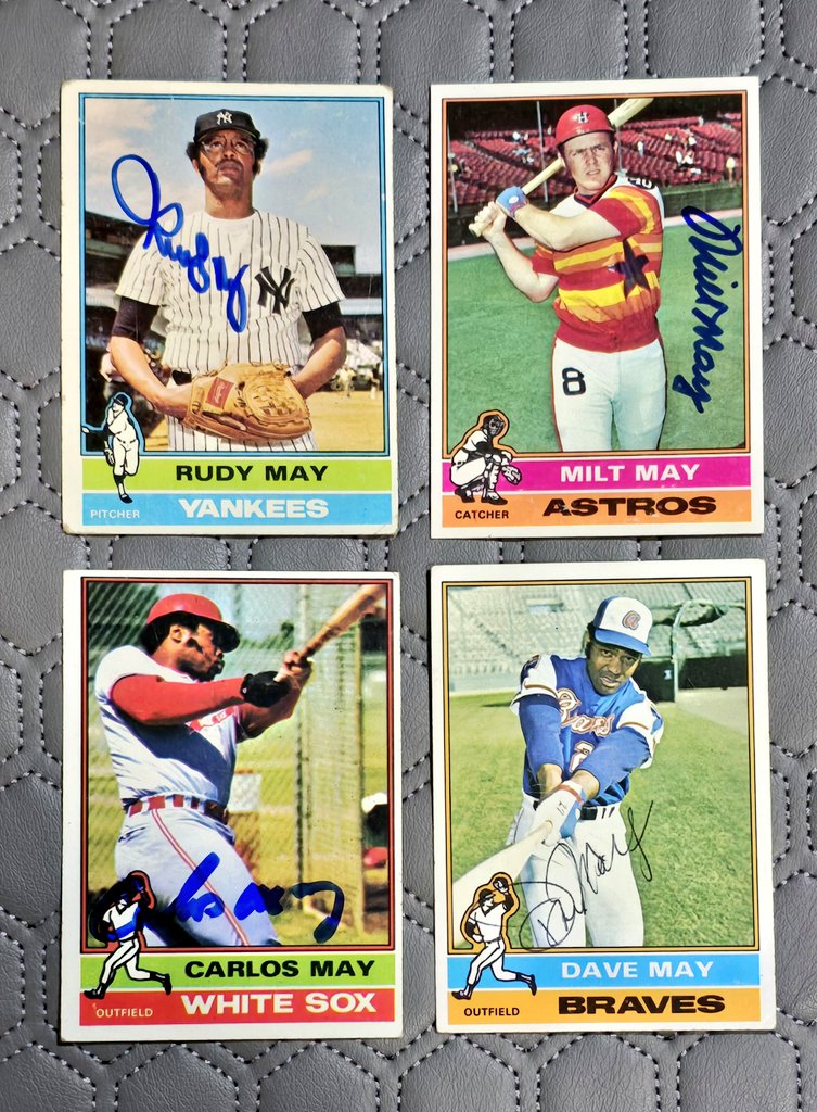 DennisCGarcia's tweet image. In honor of the first of May, here's my four signed Mays from the 1976 baseball card set! #BaseballCards #TTM