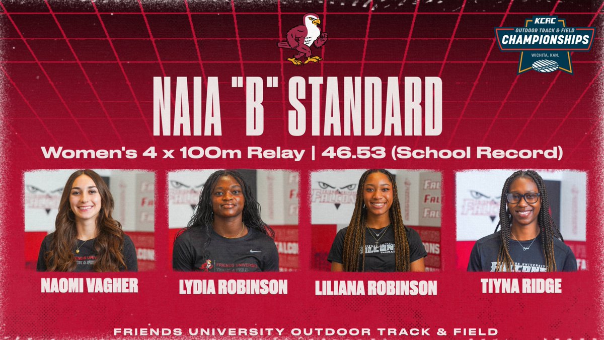 FriendsFalcons's tweet photo. The women's 4 x 100m relay team of Vagher, Robinson, Robinson, and Ridge finished third at the KCAC Outdoor Track &amp; Field Championships with a time of 46.53, a "B" standard and a new school record!
#TalonsUp #HonorGod #TheRightWaytoPlay https://t.co/9Iazp3gp69
