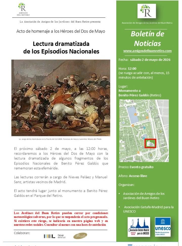 AHacenderas's tweet photo. Con motivo del 2 de mayo, se realizará una lectura dramatizada de los Episodios Nacionales. Será en el Parque de El Retiro junto al monumento a Pérez Galdós. https://t.co/C15hvalnue