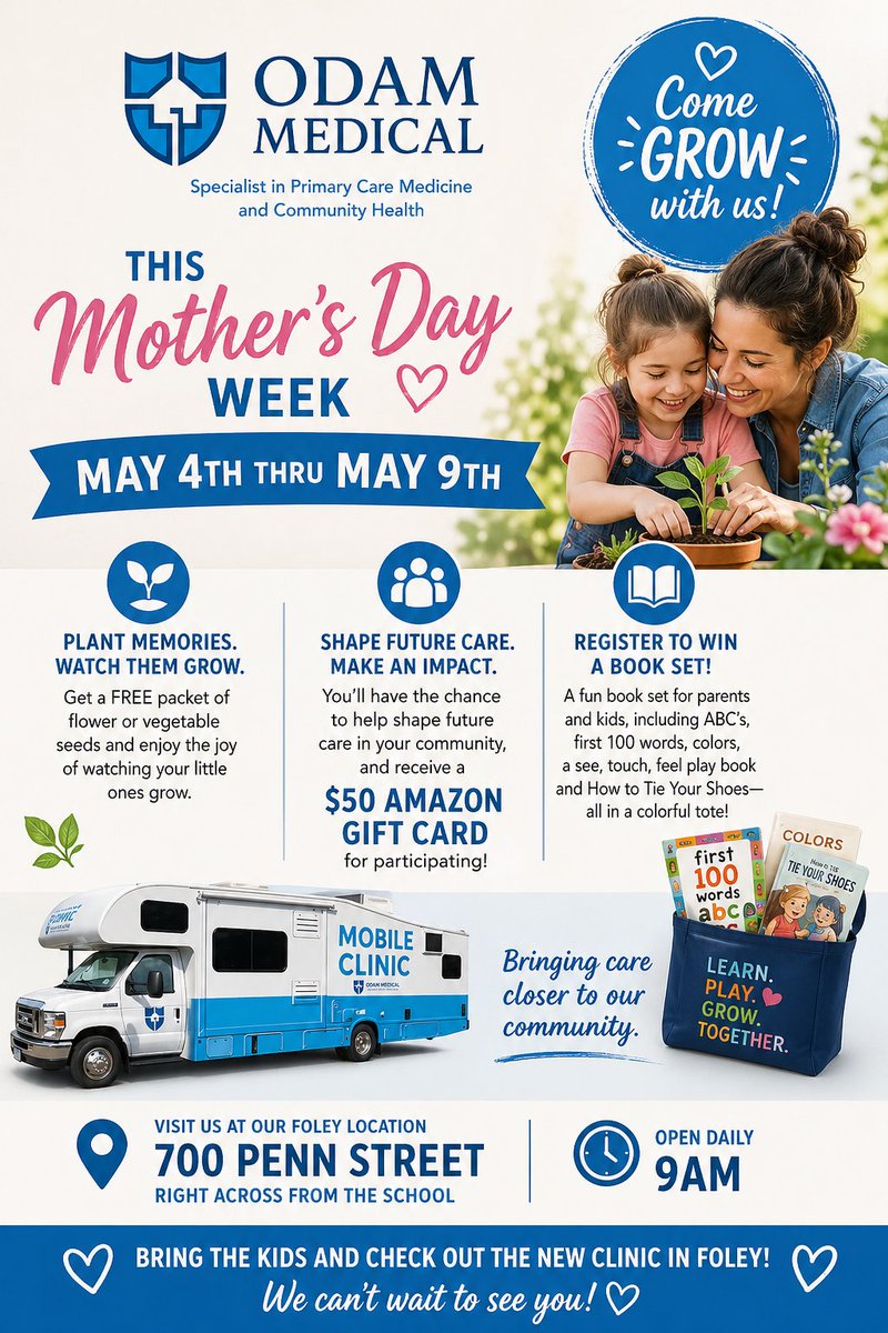 OdamMedgroup's tweet image. Explore our Foley clinic facility this Mother's Day. We've dedicated the entire week to our beloved ❤️ Mother's. Bring the whole family. We have some surprises 😮 for you. See flyer for details #foleymn #odamclinic #mothersdayspecial❤️ #communityhealth
