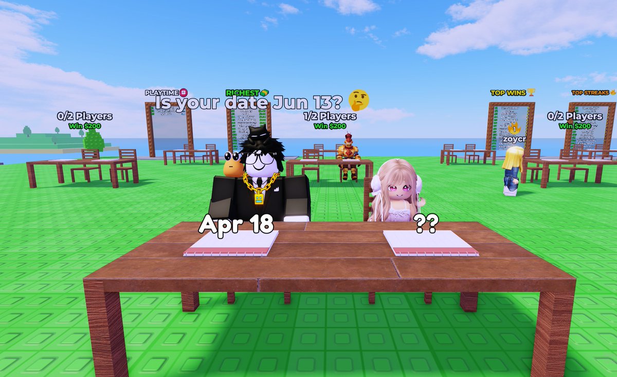 wahzaply's tweet image. Just released my completely original game, Guess My Date! #Roblox #RobloxDev

Check it out here - roblox.com/games/95335770…