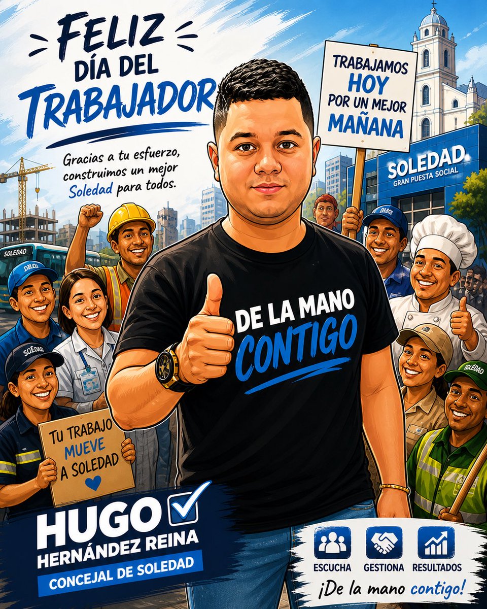 HugoHernandezR_'s tweet photo. Hoy honramos a quienes construyen Soledad con su trabajo 💪

Nuestro compromiso es claro: más oportunidades, más dignidad y mejores condiciones para nuestra gente.

🤝 De la mano contigo.

#DíaDelTrabajador https://t.co/JztY8BtGtf