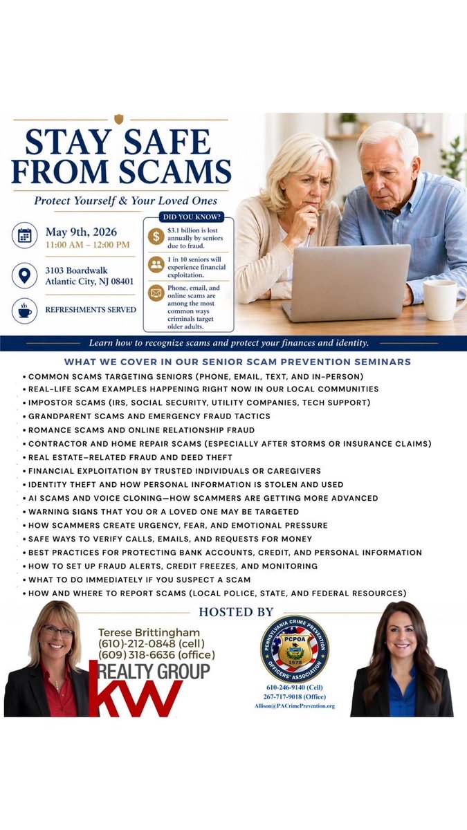 teresekw's tweet image. Stay safe from scams 🚨
Join us to learn how to recognize fraud, protect your finances, and keep your personal information secure.

📍 May 9, 2026 | 11:00 AM–12:00 PM
📍 3103 Boardwalk, Atlantic City, NJ 08401
☕ Refreshments served

#StaySafe #ScamPrevention #FraudAwareness