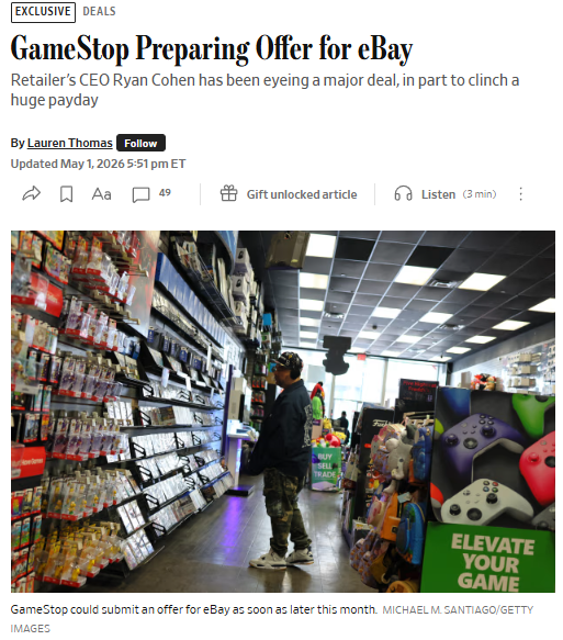 junkbondanalyst's tweet photo. GameStop is preparing to buy eBay. 

This is not a joke. GameStop has been buying shares and plans to submit a bid shortly. CEO Ryan Cohen's payout if GameStop hits a $100 billion market cap is $35 billion in stock. Someone get Roaring Kitty.  

$GME $EBAY @TheRoaringKitty https://t.co/f8IZf2TVPJ