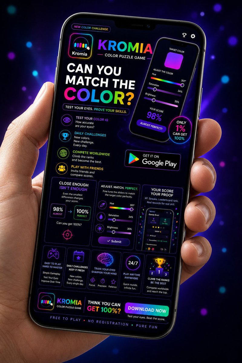 Liltaz16Ta's tweet image. KROMIA: Colour Puzzle Game 🎮
What’s your Colour IQ? 
You think matching colours is easy?
Try getting 100%…
Adjust the sliders.
Match the shade.
Beat your score.
Daily challenges.
Leaderboard ranks.
Can you get 100%? 👀
 #AndroidGames  #indiedev #uidesigner #graphicdesign