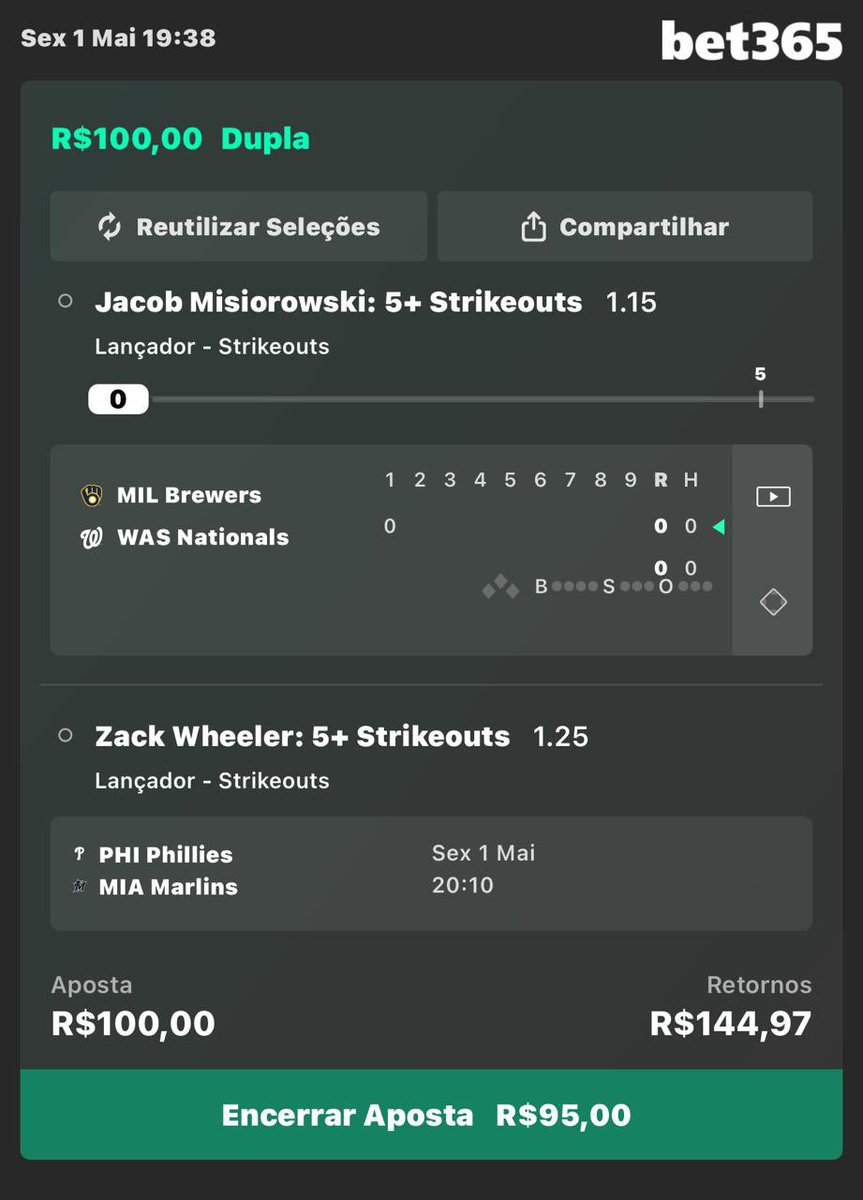 ramospuc's tweet photo. 🪜ALAVANCAGEM(2): $100 —>$500🪜 
(beisebol)

01 DE MAIO
#MLB⚾️ 

Entrada 01: $100 —> $144 ⏳

Wheeler 5 Ks + Misiorowiski 5 Ks

Link: https://t.co/PGaa8UyeQe https://t.co/HgoTD0X0k5