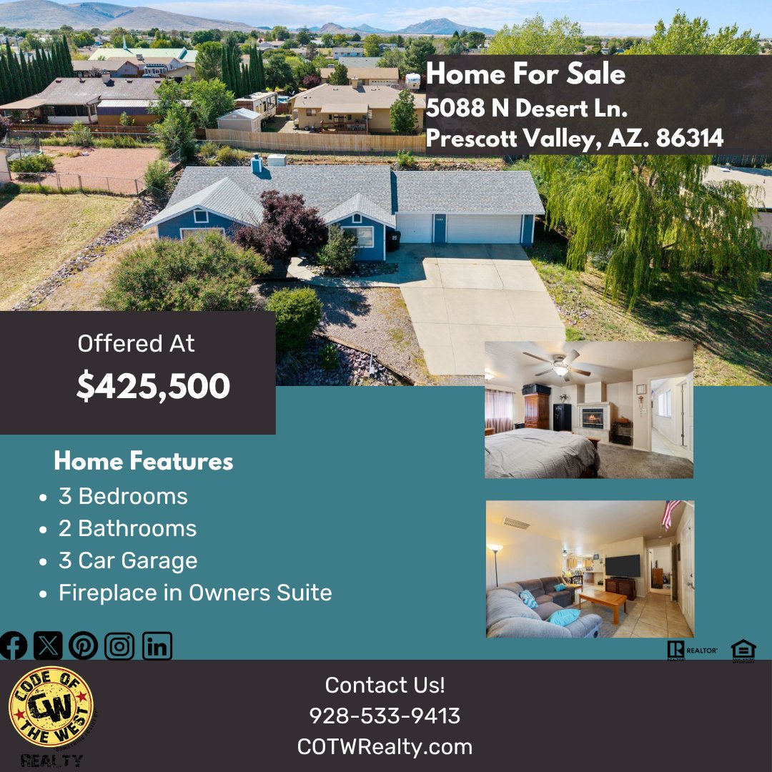 COTWRealty's tweet image. Rare find alert! 🏡 Discover this 3-bed, 2-bath home with a 3-car garage in Prescott Valley. Spacious master suite with fireplace and backyard access. Perfect for families or extra storage. Close to amenities. Don't miss out! #PrescottValleyRealEstate #HomeSweetHome