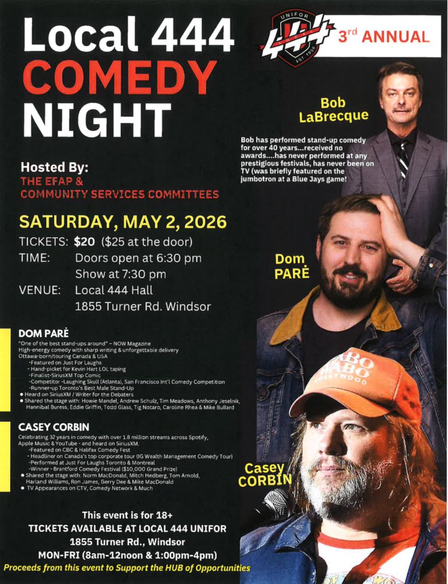 UHC_'s tweet photo. Get ready for a night of laughs in support of the UHC! 🎉 

Date: Saturday, May 2, 2026
Time: 7:30 pm (doors open at 6:30 pm)
Location: Local 444 Hall, 1855 Turner Rd. Windsor
Tickets: $25 at the door

We hope to see you there! 😊 https://t.co/wMjYMQADlp