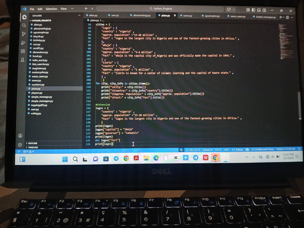 Third___born's tweet photo. Today, I completed nesting, where I learned how to nest a list in a dictionary and a dictionary in another dictionary. I then moved on to the exercises. I faced a few challenges, but I worked through them until I got it right.
Moving on to a new chapter tomorrow ✌️ https://t.co/LzkkCVBsld