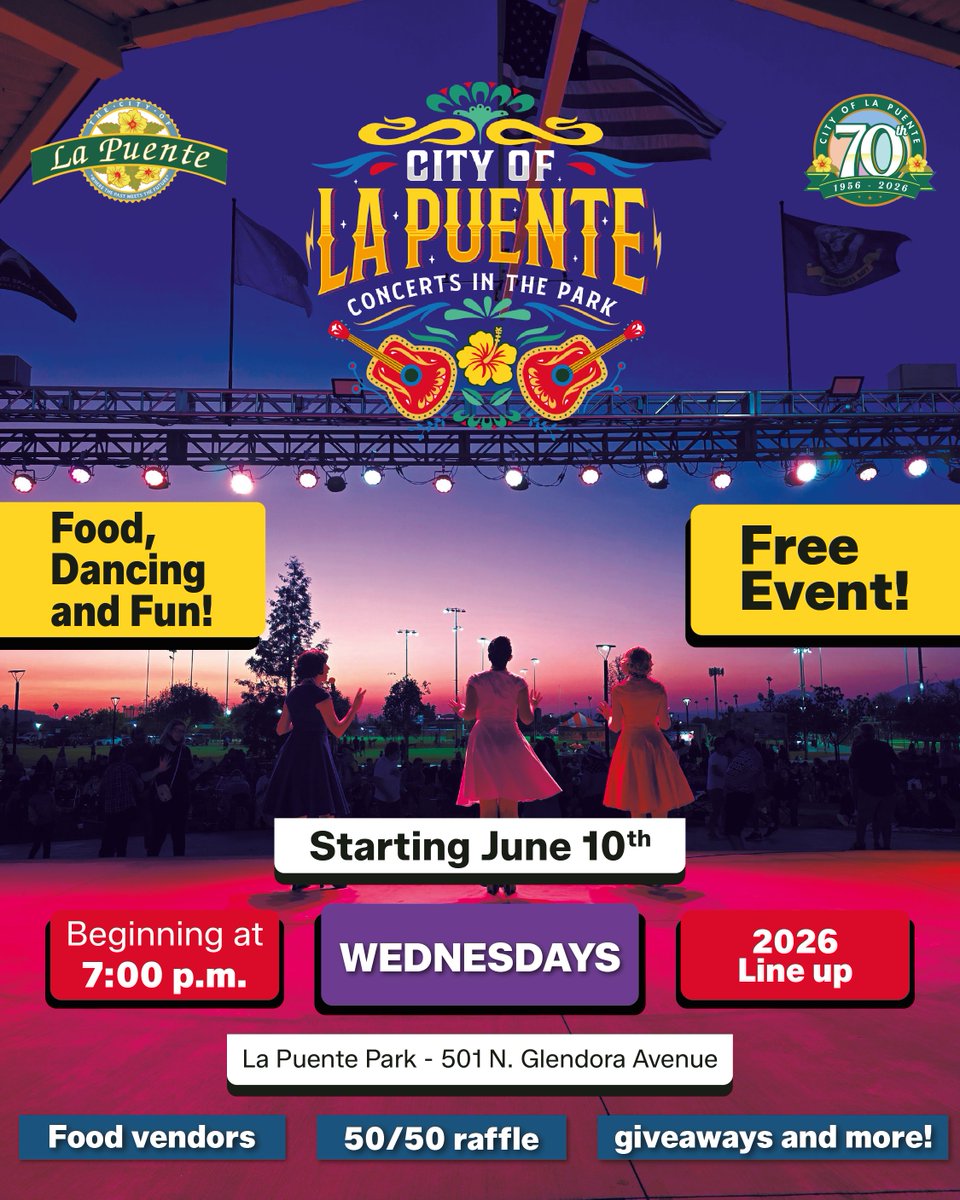 CityofLaPuente's tweet image. June, July, and August = Concerts in the Park!🏞️
Explore the impressive lineup of artists who will take the stage and delight us with their music, charm, and talent.

📅 Starting June 10th
🕖 At 7:00 p.m.
📍 La Puente Park

#LaPuente #ConcertsInThePark #LiveMusic #Community
