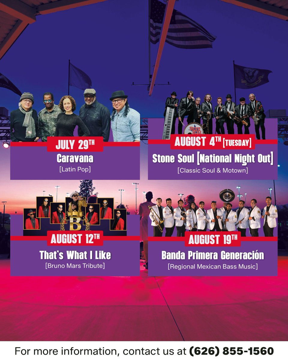 CityofLaPuente's tweet image. June, July, and August = Concerts in the Park!🏞️
Explore the impressive lineup of artists who will take the stage and delight us with their music, charm, and talent.

📅 Starting June 10th
🕖 At 7:00 p.m.
📍 La Puente Park

#LaPuente #ConcertsInThePark #LiveMusic #Community