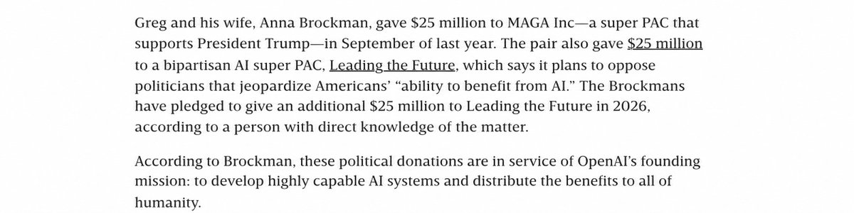 _NathanCalvin's tweet photo. "An OpenAI spokesperson says that OpenAI has no corporate affiliation with Leading the Future or Build American AI and has “not provided funding or any other support to them.”

OpenAI's President Brockman previously told Wired these activities were in service of OAIs mission! https://t.co/Mzv2vGmwni