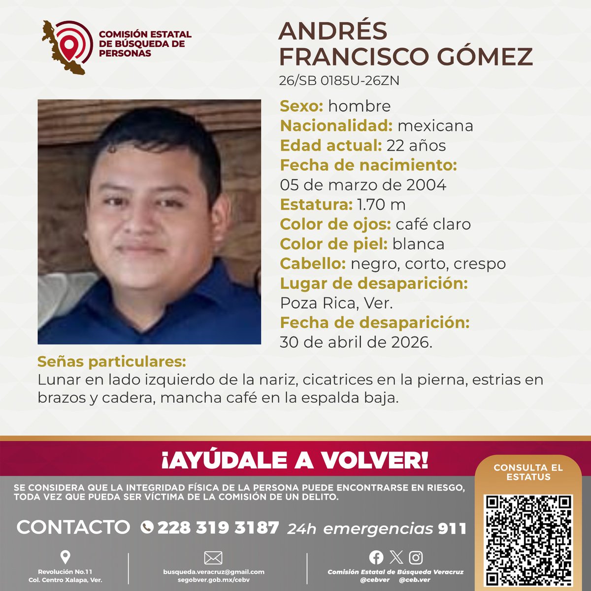 Solicitamos su colaboración para localizar al C. Andrés Francisco Gómez, cualquier información contactar al número y/o correo que aparece al margen de este boletín.
