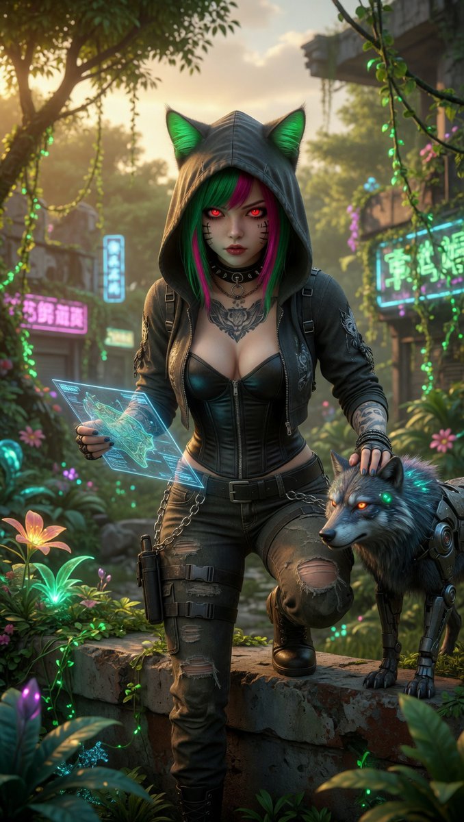WaifuAI_Studio's tweet image. Scanning for data in the overgrown neon ruins. 🗺️ A loyal (mechanical) companion at my side makes exploration so much easier. Off to the lost city! 🐺🌱✨

#Cyberpunk #PostApocalyptic #SciFiArt #OvergrownRuins