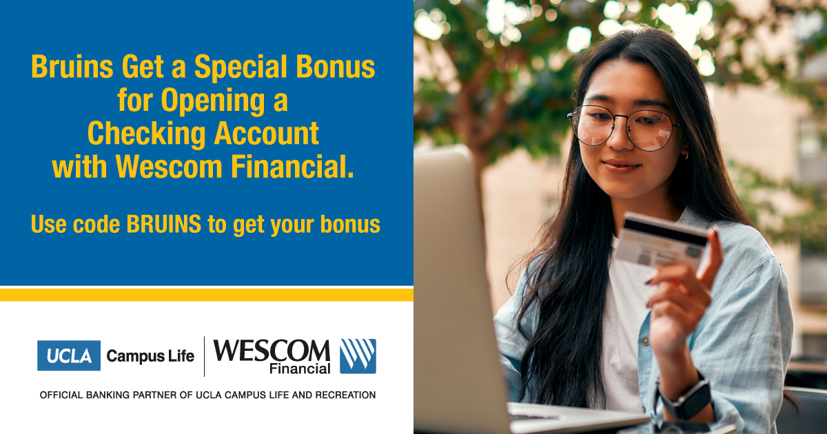 UCLARec's tweet photo. Bruins get a bonus with Wescom Financial💙Open a checking account using promo code BRUINS. Visit https://t.co/ZwiIRkMVeZ for details. Membership eligibility required. All accounts subject to approval. Terms apply. Insured by NCUA. https://t.co/Hofzrkls6u
