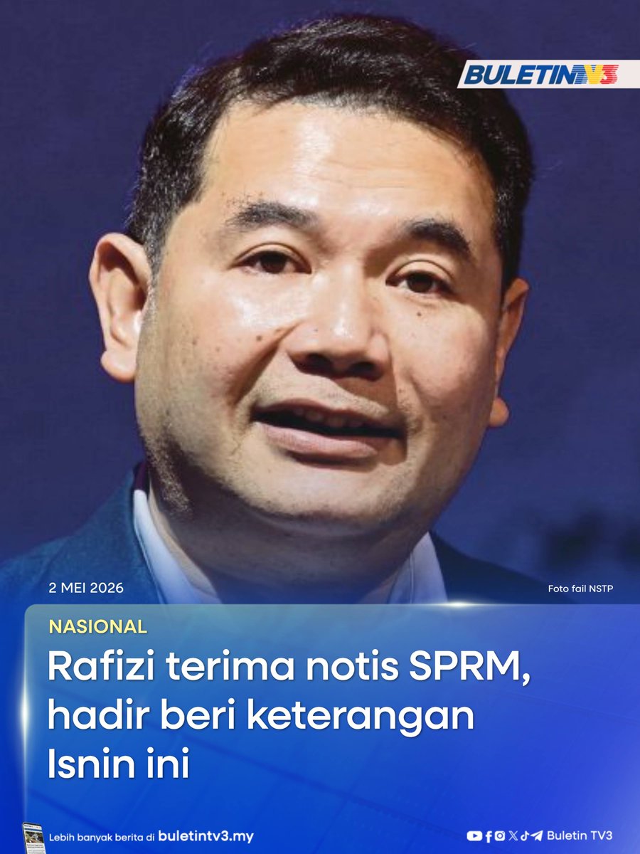 BuletinTV3's tweet photo. NASIONAL | Bekas Menteri Ekonomi, Datuk Seri Rafizi Ramli memaklumkan beliau menerima notis Suruhanjaya Pencegahan Rasuah Malaysia (SPRM) untuk hadir memberi keterangan di ibu pejabat SPRM, Isnin ini.

#BuletinTV3 #RafiziRamli #SPRM 

Berita penuh di https://t.co/u5idzFu6Nh https://t.co/Sbl2sqhV47