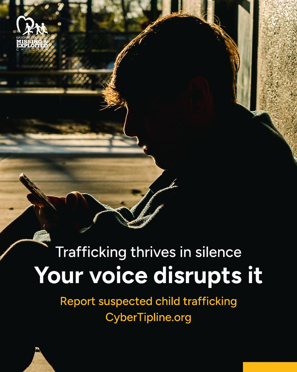 NCMEC's tweet photo. Thousands of child sex trafficking cases begin with one action: a report.
Your tip to NCMEC’s CyberTipline can help identify traffickers, protect children, and stop exploitation.

If something feels wrong, report it at https://t.co/PO2cQUEqrr. https://t.co/1uosilgKnv