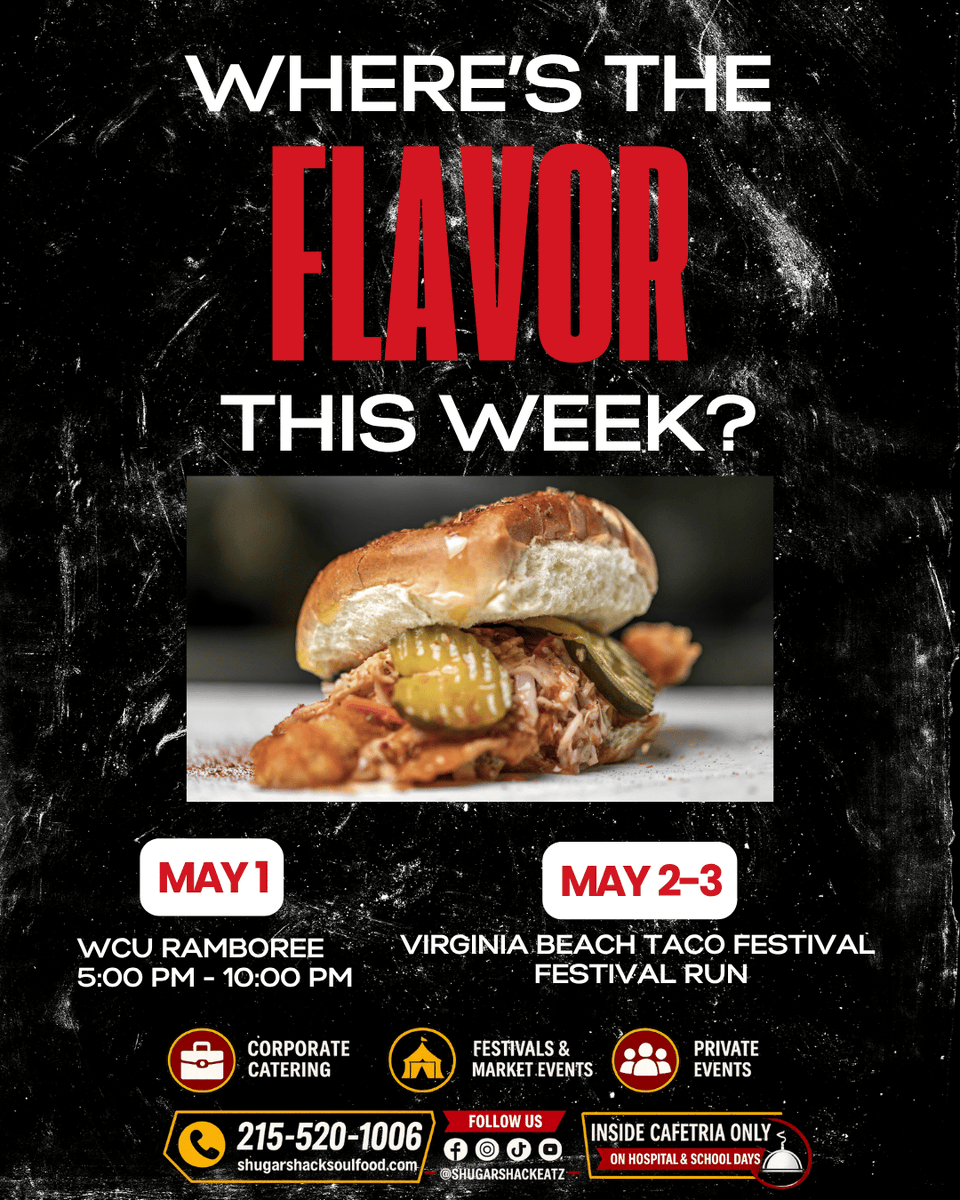 Shugarshacksoul's tweet photo. Where's the flavor this week? 👀🔥

Catch us May 1 at WCU Ramboree and May 2–3 at Virginia Beach Taco Festival. Pull up hungry.

#ShugarShack #SoulFood #FoodFestival https://t.co/8MRS3M1wa3 https://t.co/TiaM7X3fzr