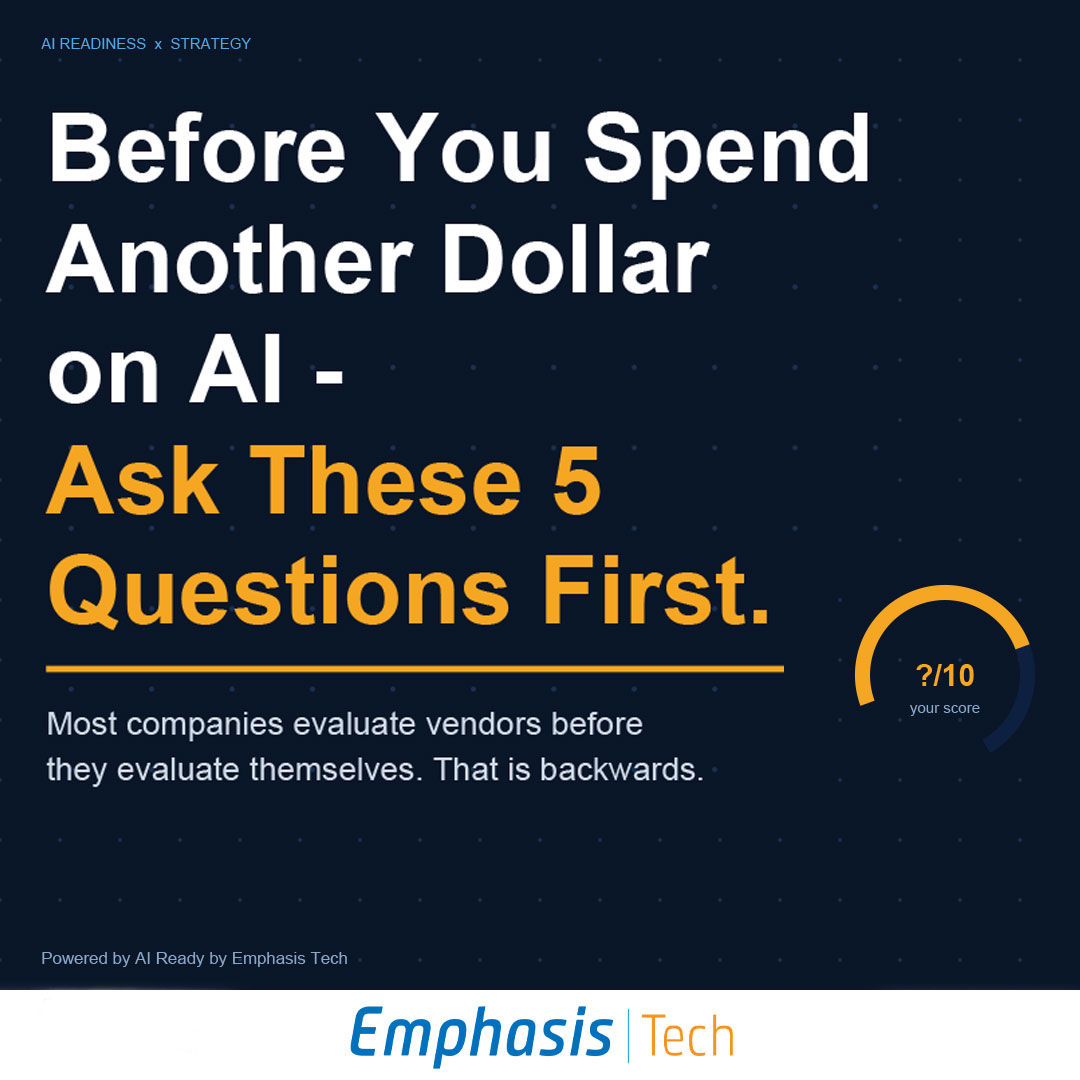 emphasis_tech's tweet photo. Most companies evaluate AI vendors before they evaluate themselves.
Here are the 5 questions you should answer first.

Swipe. 👇
Free assessment → https://t.co/RyTiTJzd8E

#AIReady #AIStrategy #EmphasisTech https://t.co/CRBfUPMsWk