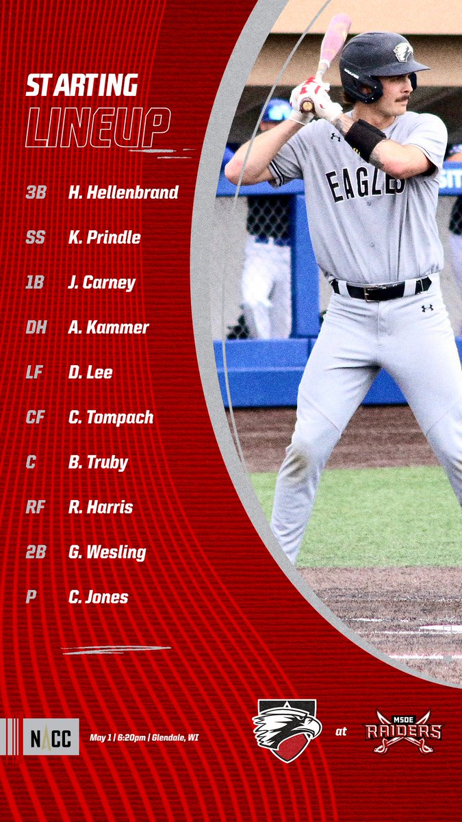 euEagleBaseball's tweet image. We are almost ready for first pitch of Game Two as the Eagles face MSOE. #EagleUp🦅⬆️ #WINToday #d3baseball #NACCtion @edgewoodeagles 

Here's the Eagles Starting Lineup-

📺📊: edgewoodeagles.com/coverage