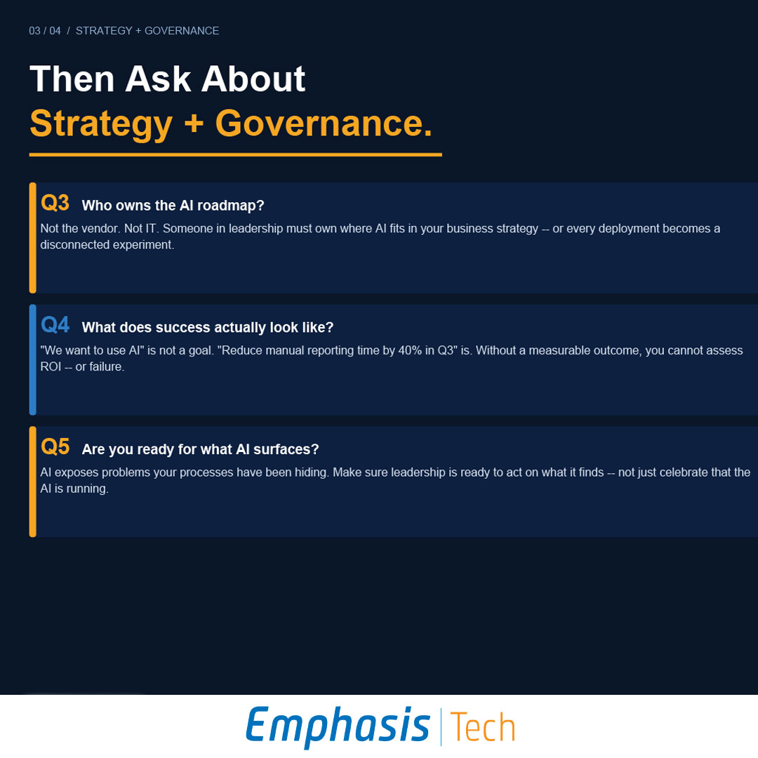 emphasis_tech's tweet photo. Most companies evaluate AI vendors before they evaluate themselves.
Here are the 5 questions you should answer first.

Swipe. 👇
Free assessment → https://t.co/RyTiTJzd8E

#AIReady #AIStrategy #EmphasisTech https://t.co/CRBfUPMsWk