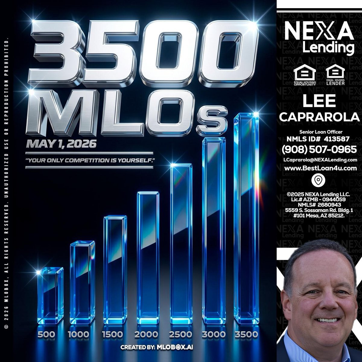 LC_Mortgage's tweet image. Aim high and achieve greatness! 🚀 Let's reach for 3,500 MLOs by May 2026. Remember, your only competition is yourself! 💪 #GoalSetting #NEXALending #SuccessMindset