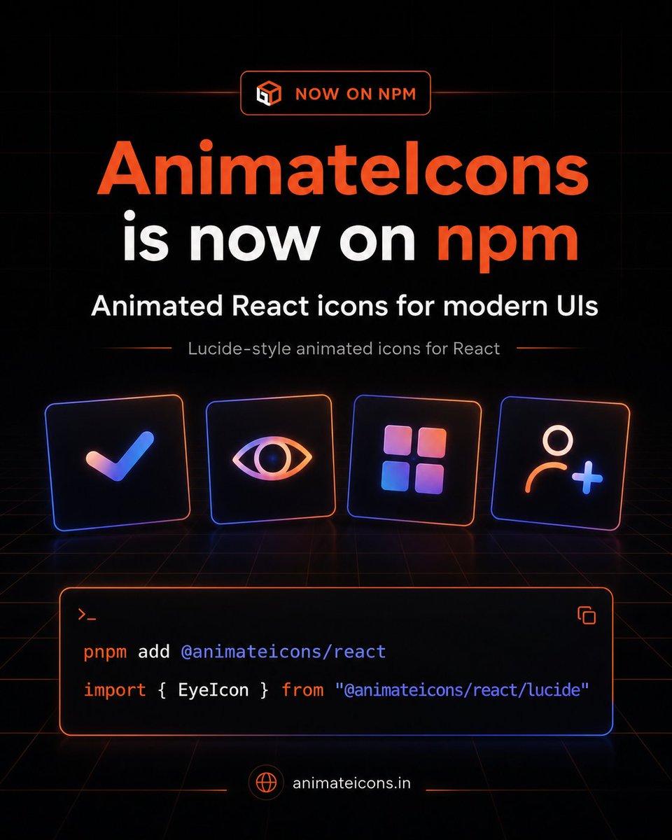 Avijit07x's tweet photo. Animated icons for React, without the setup pain.

I published @animateicons/react on npm.

Install:

pnpm add @animateicons/react

Use it directly:

import { EyeIcon } from "@animateicons/react/lucide";

Live: https://t.co/owsw6LWYKI
npm: https://t.co/rPI0vmbtY5 https://t.co/2Ou3AdemKB