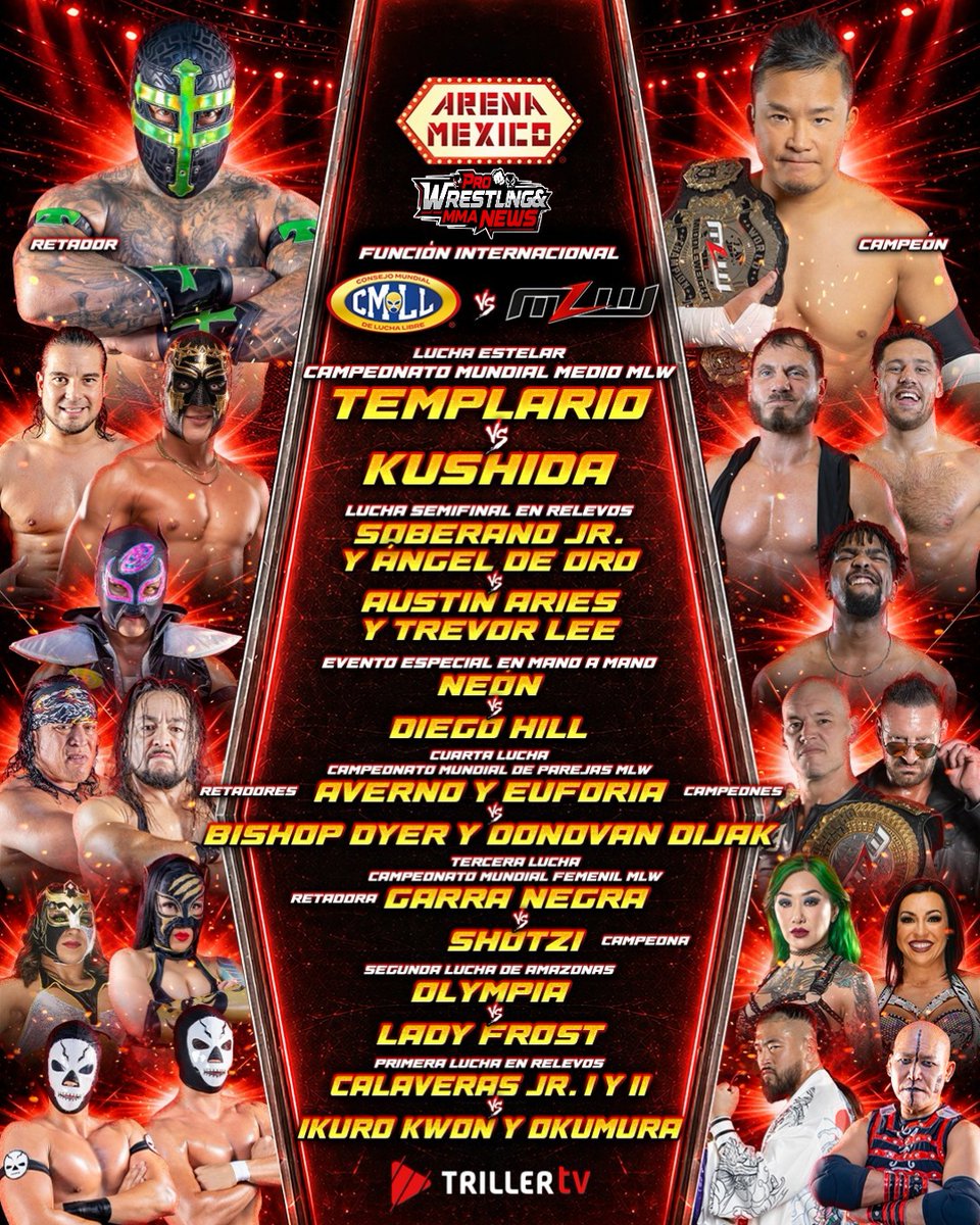 PWMMANews's tweet image. Full card for today's #CMLL vs #MLW