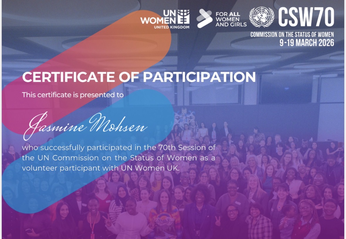 DrJasmineMohsen's tweet image. Honoured to have participated in the 70th Session of the UN Commission on the Status of Women as a volunteer participant with @UN  Women UK. Grateful for the experience.#CSW70 #UNWomen #GenderEquality #WomenLeadership #GlobalImpact #WomenAndGirls #AcademicVoice #Leadership