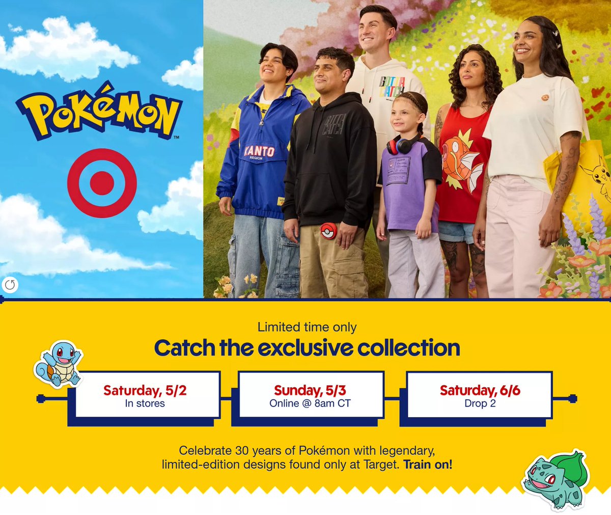 PokemonDealsTCG's tweet image. Target x Pokemon Clothing and Accessories Collection Drops This Weekend - In Stores 5/2 and Online 5/3

Full Collection:
➡️bit.ly/3RdRalo

Select items, like Exclusive Poke Ball Kickballs, release later on June 6th! We'll post when they are available⚡️

#Pokemon #AD