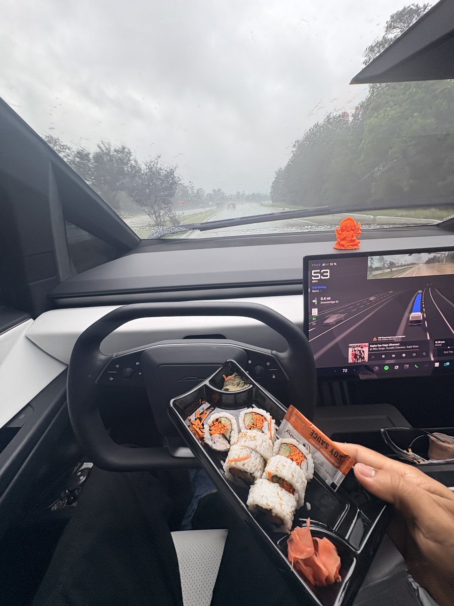 TeslaFSDDoc's tweet image. “Doctor life, Level: Expert 🥢🚗
When 2pm ‘lunch’ finally happens at 6:15pm… but thank God #FSD is doing the driving so i can focus on the important things — like not dropping ginger on the yoke while gliding in the rain. 😂😂😂