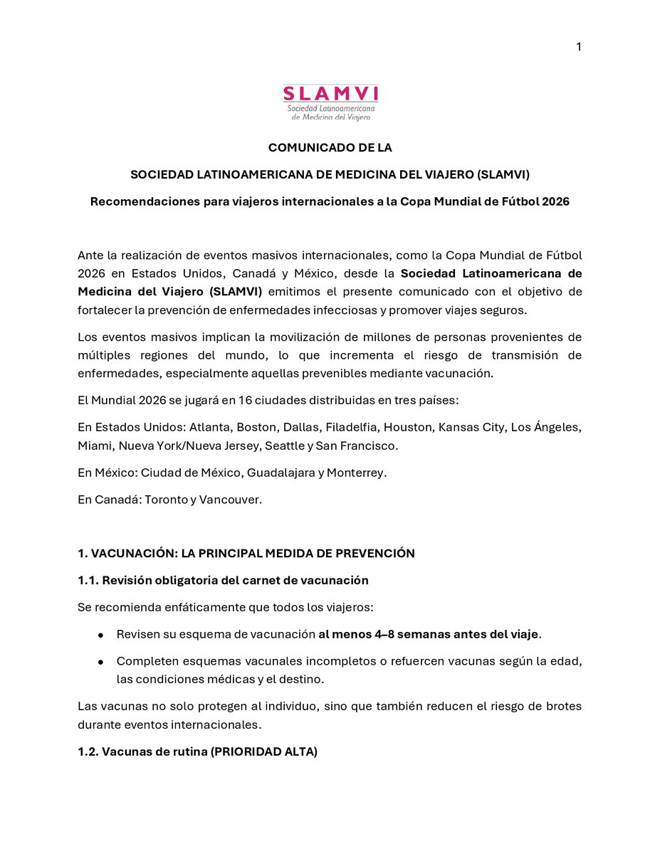DrAJRodriguezM's tweet photo. COMUNICADO DE LA
SOCIEDAD LATINOAMERICANA DE MEDICINA DEL VIAJERO (@SLAMVI)
Recomendaciones para viajeros internacionales a la Copa Mundial de Fútbol 2026 https://t.co/MQUgSmzwme