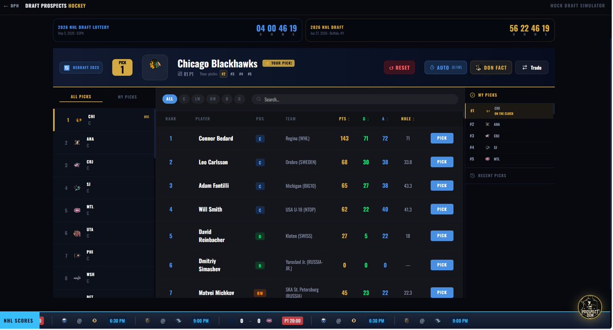 TheProspectDon's tweet image. I got a couple questions on my livestream today about Leo Carlsson going #1 in a 2023 NHL Redraft. 

I would take Connor Bedard over Leo Carlsson. Who would you rather have?

You can redraft the 2023 Draft on my site! Here: draftprospectshockey.com/simulator
