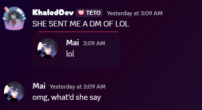 KhaledDev_'s tweet photo. Recently reworked my AI Vtuber discord integration and lets say she was cooking. This was my favorite response

#Vtuber #AIVtuber https://t.co/rlsI7tB78l