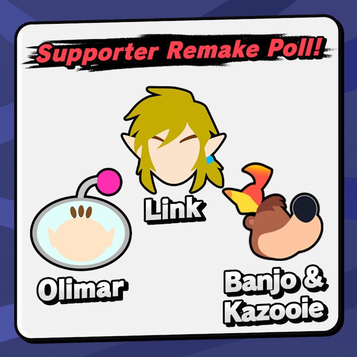 Delzethin's tweet photo. ICYMI: The new episode of Remake It ended with a poll featuring three more Smash veterans.  Anyone supporting the channel (through Patreon or Youtube directly) can vote on who gets a rework next!

- CURRENT STANDINGS -
T-1st: Link
T-1st: B&amp;K
3rd: Olimar

Close competition so far! https://t.co/tGm7lsilDz
