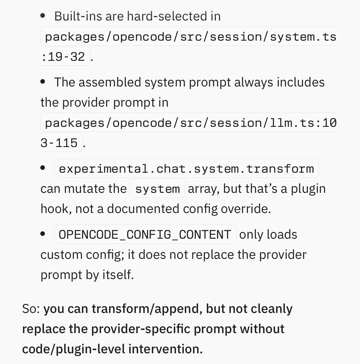 archeologistdev's tweet photo. @thdxr @andrew_r @antirez Dax you keep claiming this but it just isn’t true.

Would love you to prove me wrong, but AFAICT the provider specific prompts are always injected prior to any custom prompts. https://t.co/1hmLSmORB1