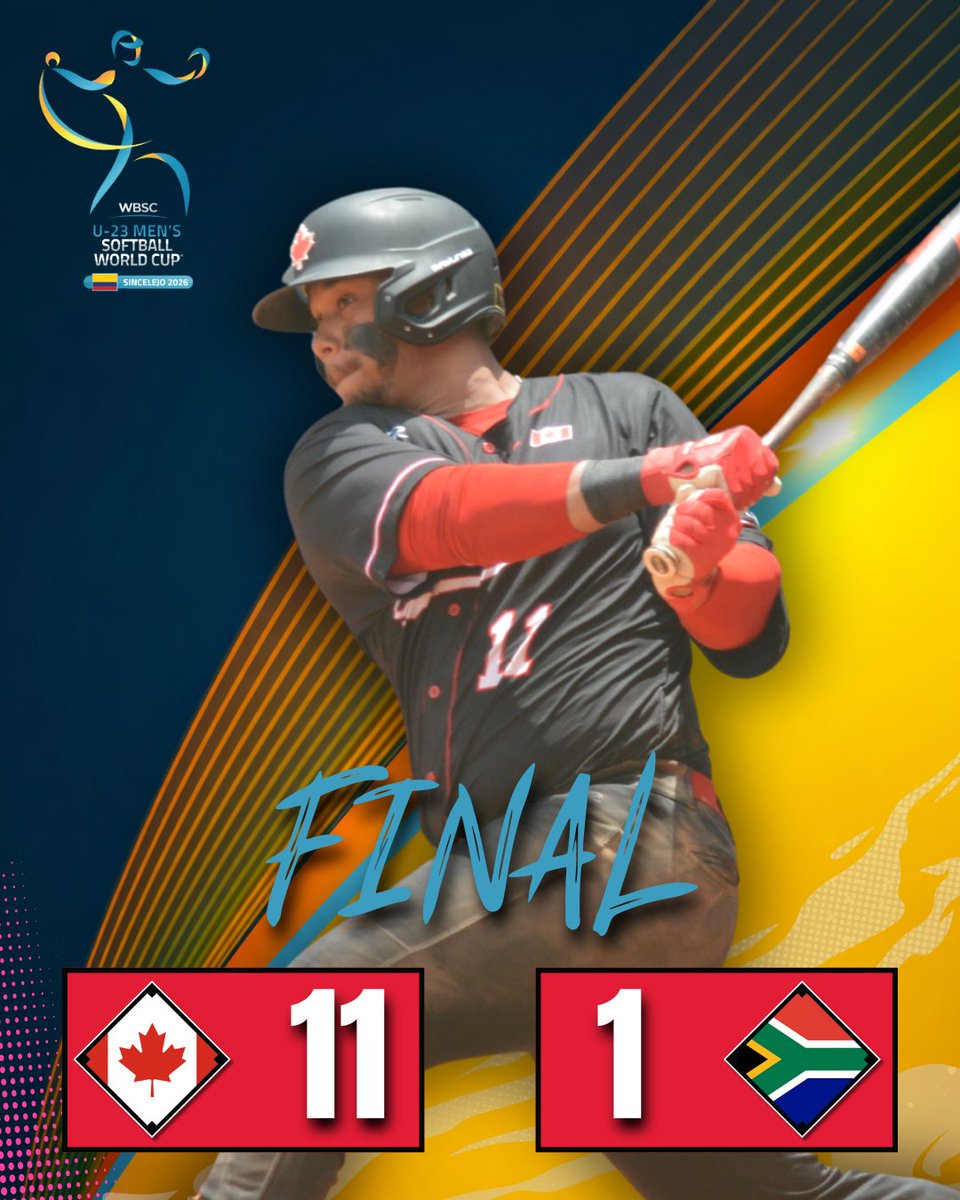 SoftballCanada's tweet photo. Canada defeated South Africa 11-1 in four innings on the run-ahead rule at the 2026 WBSC U23 Men's Softball World Cup.

Le Canada a vaincu l'Afrique du Sud 11 à 1 en quatre manches sur le règlement de points d’écart à la Coupe du monde de softball U23 masculin 2026 de la WBSC.

EN: https://t.co/58x6x48sW2
FR: https://t.co/bZX7Pd4hee