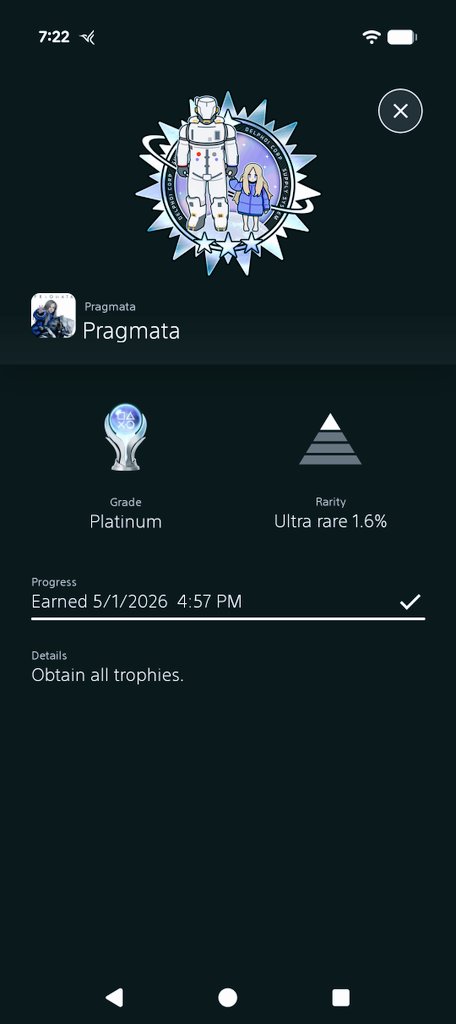 TRMailMan's tweet photo. Just got the Platinum trophy on Pragmata What a wild sci-fi ride from Capcom! Hugh &amp; Diana stole the show, the combat slaps, and Lunatic difficulty tested my soul   Absolute gem of a new IP. Hell yeah!  #Pragmata #Capcom https://t.co/uf6xFwfhxM