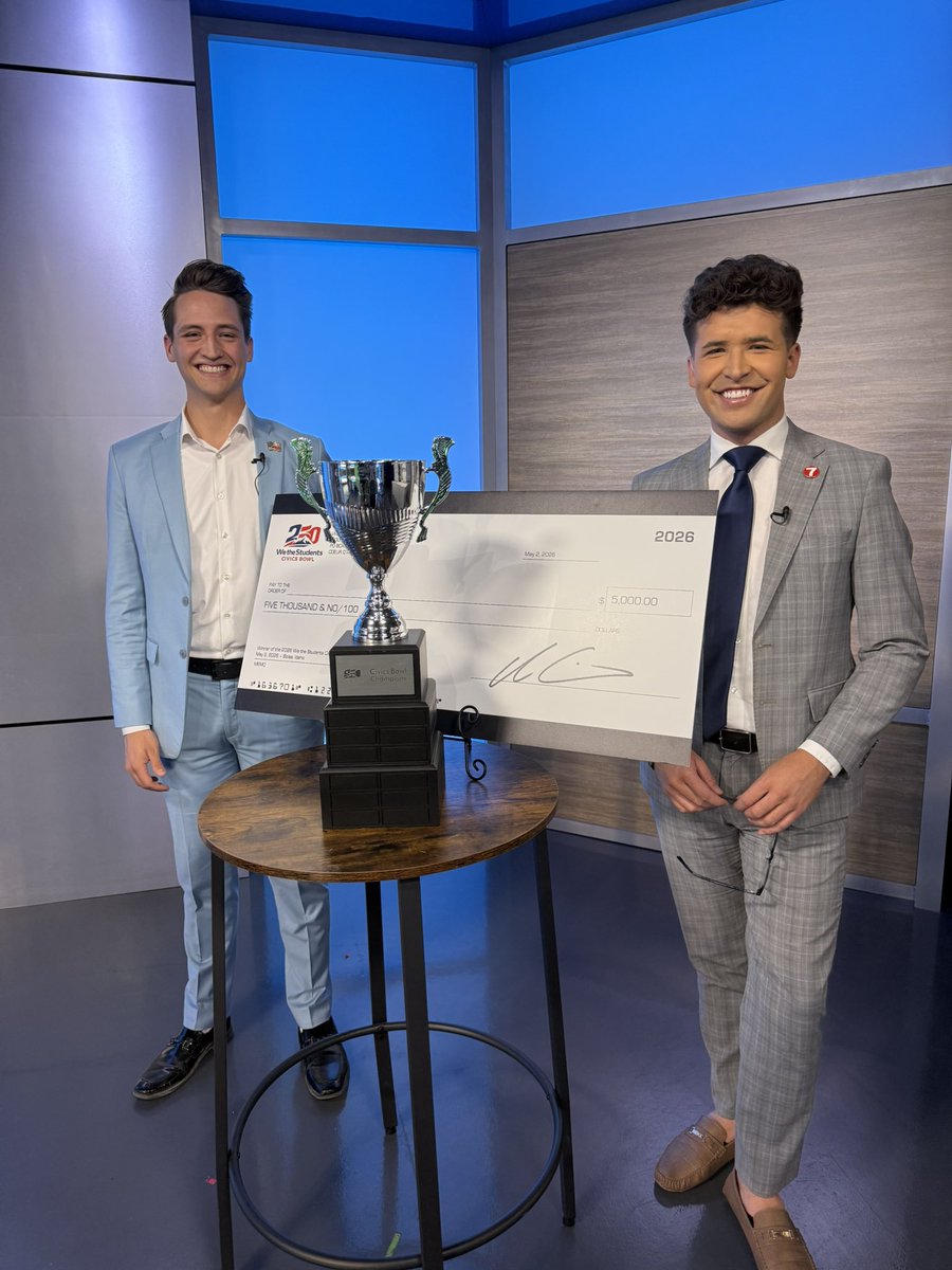 MtnStatesPolicy's tweet image. MSPC’s Sebastian Griffin joined @KTVB and @johnwebbtv to talk about tomorrow’s We The Students Civics Bowl at the Idaho State Capitol. Look at the size of that trophy! 🏆 

#civics #idleg #idpol #America250