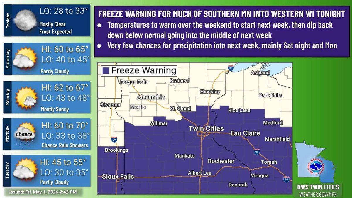 MarkieMinnesota's tweet image. No big weather shenanigans for us in the Twin Cities. Freeze warning tonight so bring in plants if ya got em outside!