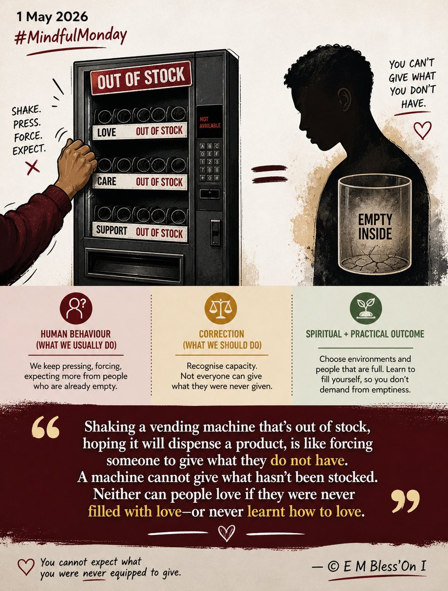 Writing_Reflex's tweet image. 1 May 2026 — #MindfulMonday
“Shaking a vending machine that’s out of stock, hoping it will dispense a product, is like forcing someone to give what they do not have. A machine cannot give what hasn’t been stocked. Neither can people love if they were never filled with love—or 1/2