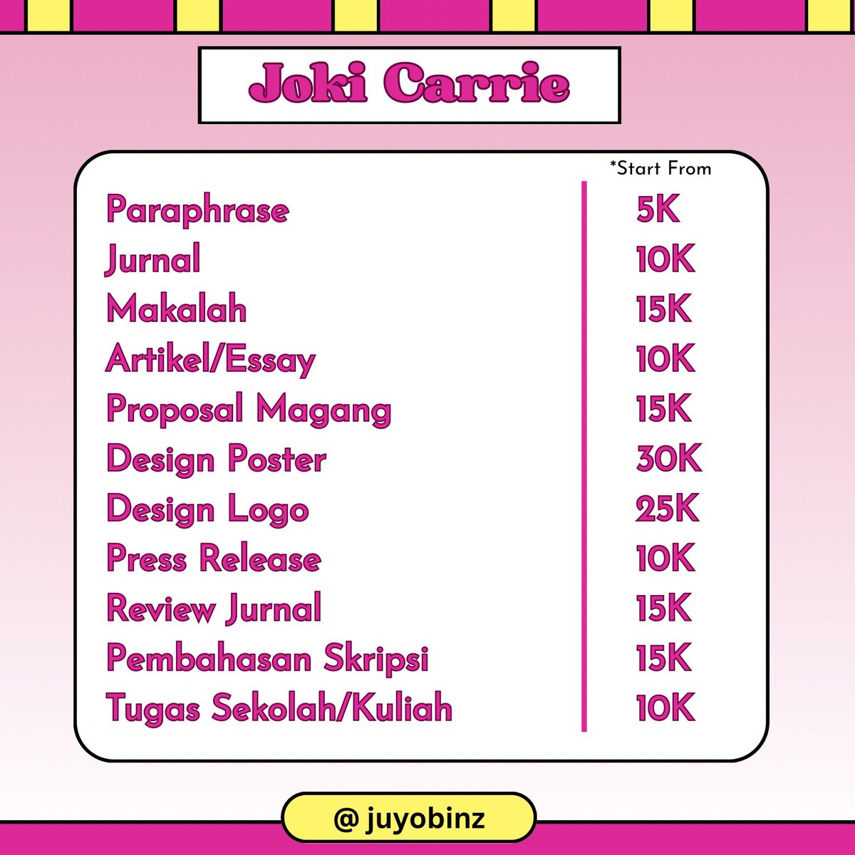 juyobinz's tweet photo. Halooooo semua!

Kalau udah weekend begini enaknya joki tugas nih supaya semua tugas langsung clear 🤓🫶🏻 Aku open for joki artikel, jurnal, essay, latar belakang, karil etc etc

Untuk hasil nya tentunya detail oriented dan tidak dikerjakan asal-asalan ya ♥️

#zonauang #jokitugas https://t.co/dukYErsm30