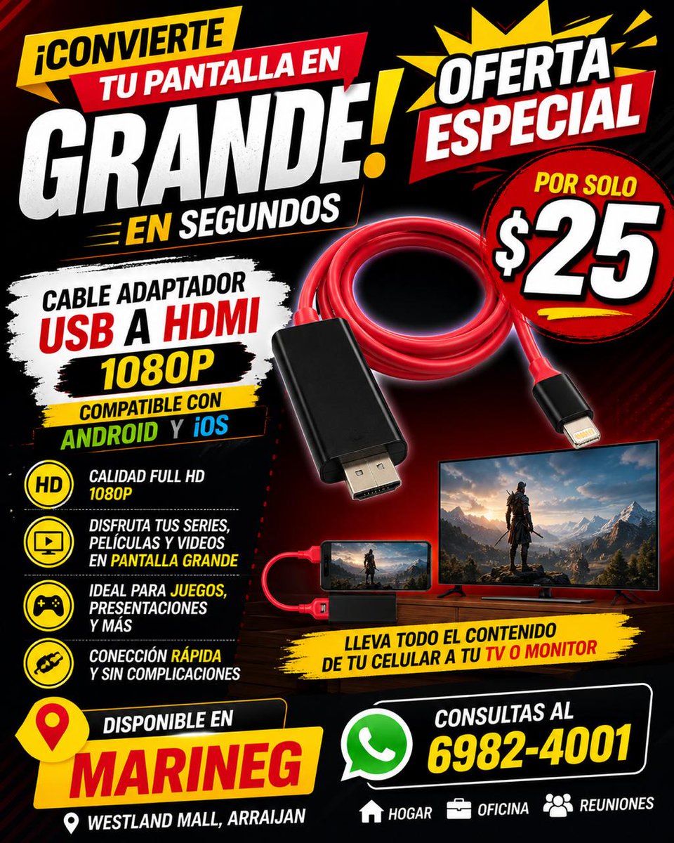 tranque's tweet photo. Con el Cable Adaptador USB a HDMI 1080P lleva todo el contenido de tu celular directo a tu TV o monitor con calidad Full HD 🔥

✔ Compatible con Android y iOS
✔ Imagen nítida en 1080P
✔ Ideal para Netflix, YouTube, juegos y presentaciones
✔ Conexión rápida, sin complicaciones https://t.co/MBSPTJSNAl